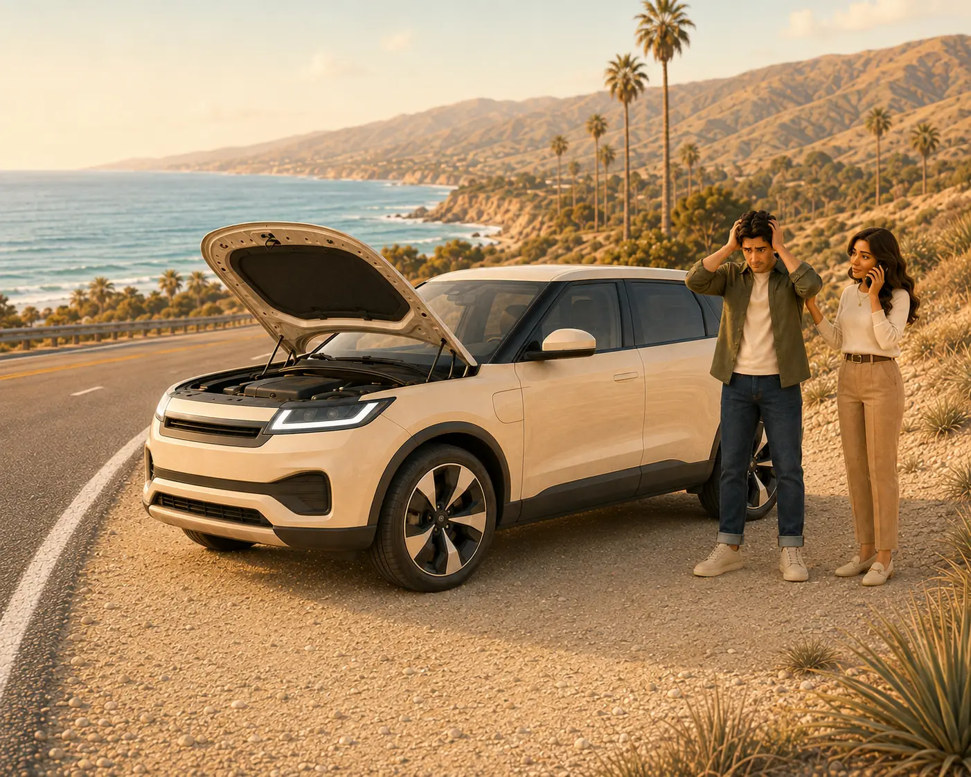 Illustration of a couple calling for help beside their disabled SUV on a California coastal road